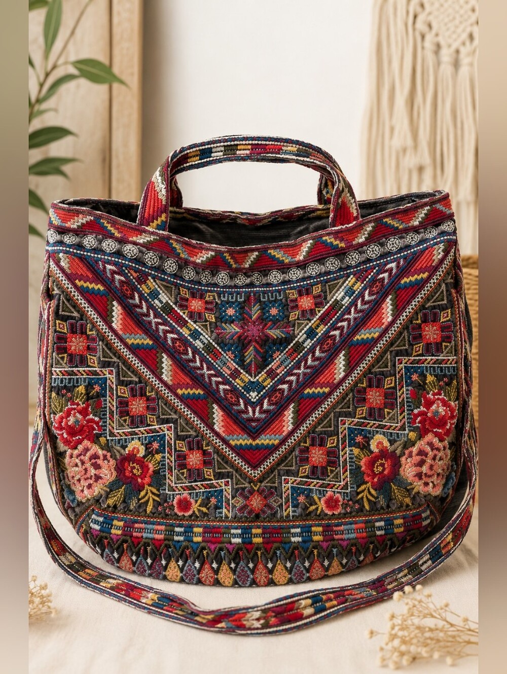 Johnny Was Embroidered Velvet Boho Convertible Tote Shoulder Bag